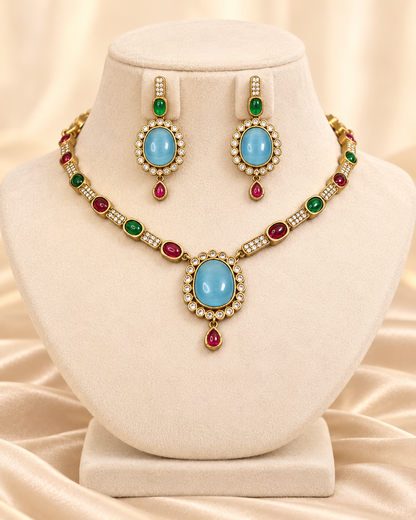Oval Stone Drop Necklace Set - Aqua — AI-styled mannequin view