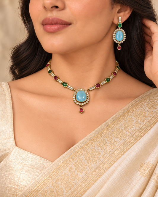 Oval Stone Drop Necklace Set - Aqua — AI-styled model view
