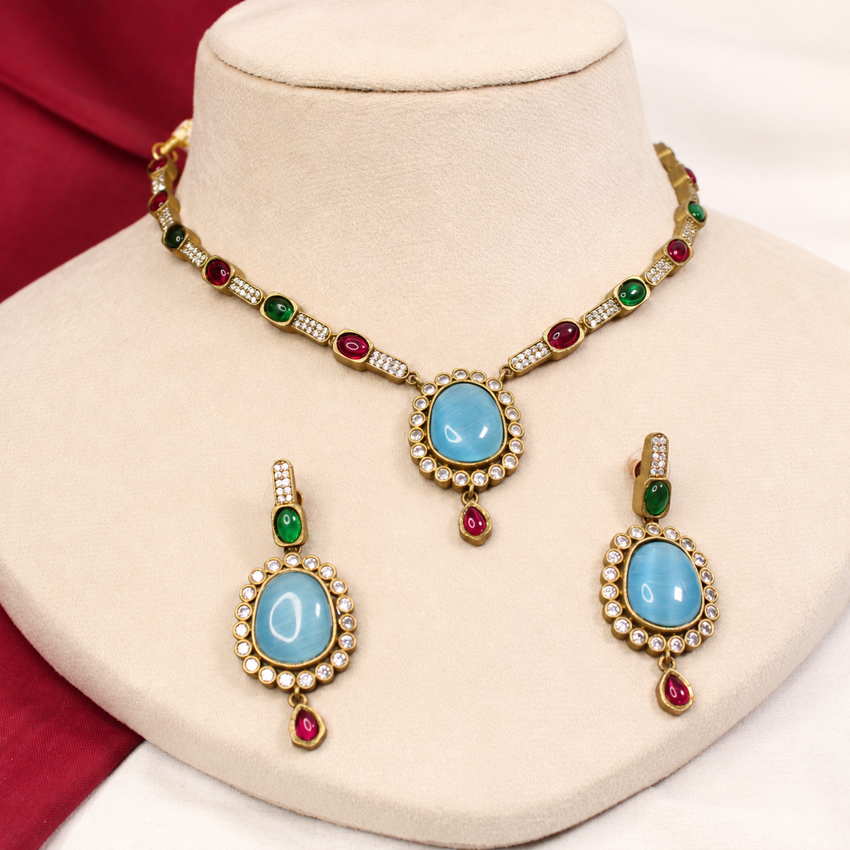 Oval Stone Drop Necklace Set - Aqua — retouched original photograph IMG_8320