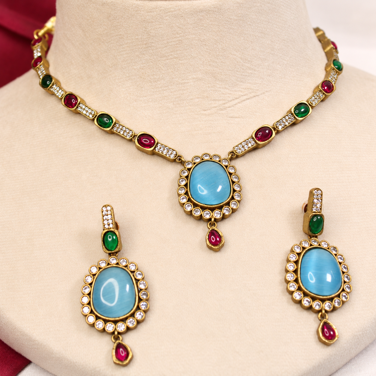 Oval Stone Drop Necklace Set - Aqua — retouched original photograph IMG_8321
