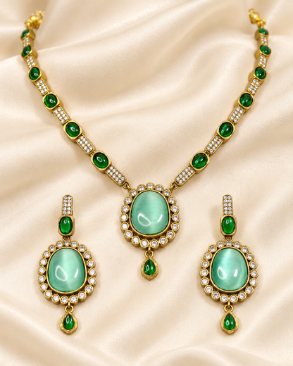 Oval Stone Drop Necklace Set - Mint — AI-styled closeup view
