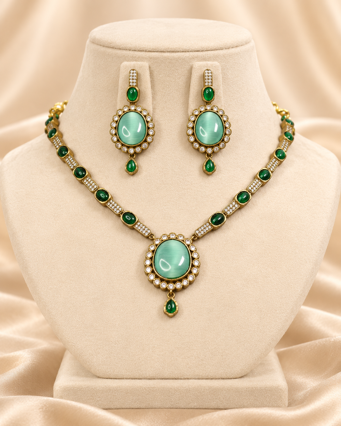 Oval Stone Drop Necklace Set - Mint — AI-styled mannequin view