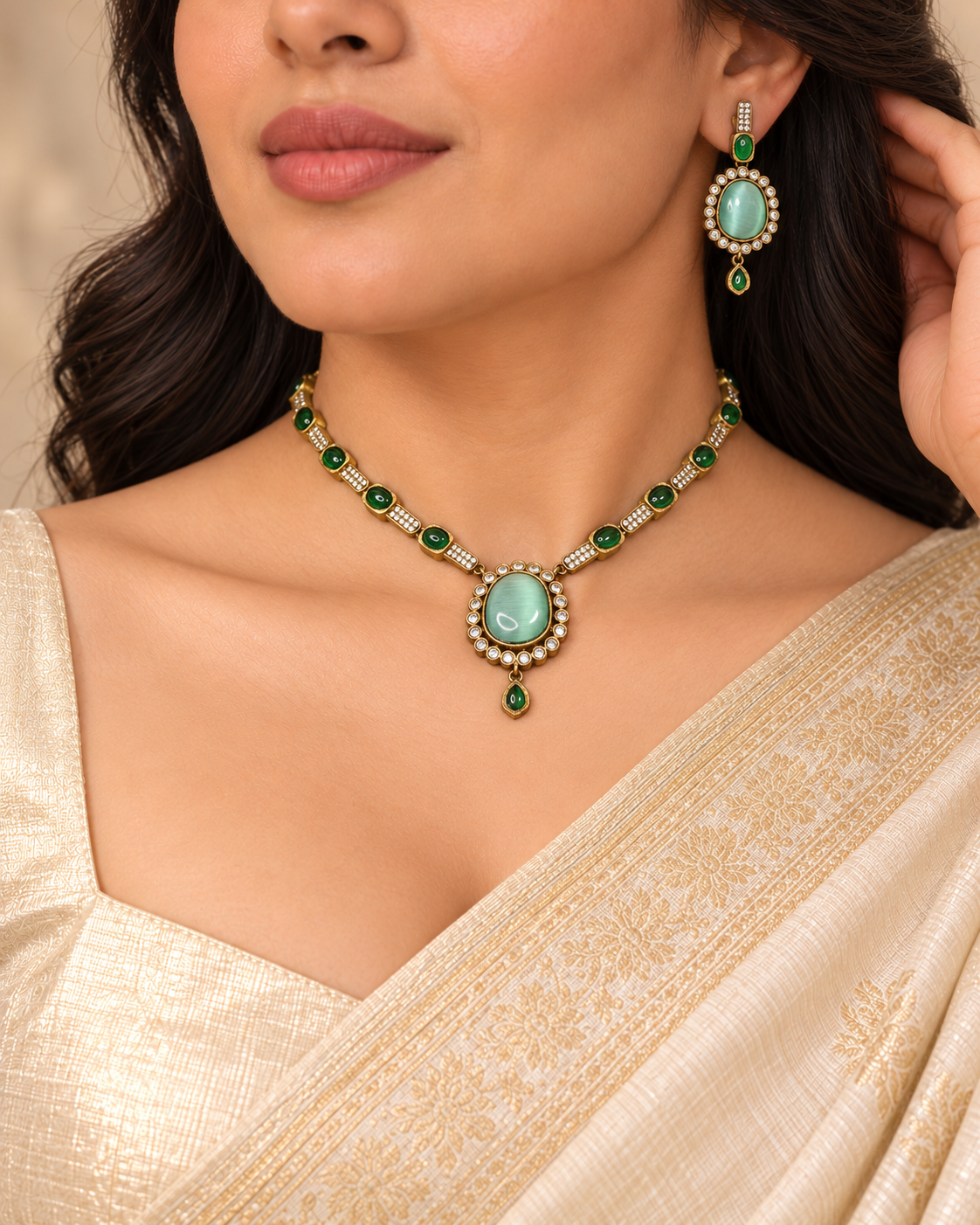 Oval Stone Drop Necklace Set - Mint — AI-styled model view