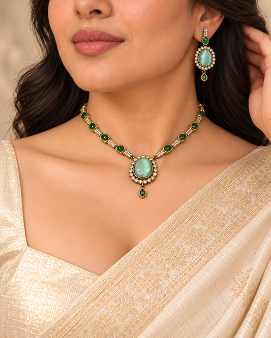 Oval Stone Drop Necklace Set - Mint — AI-styled model view