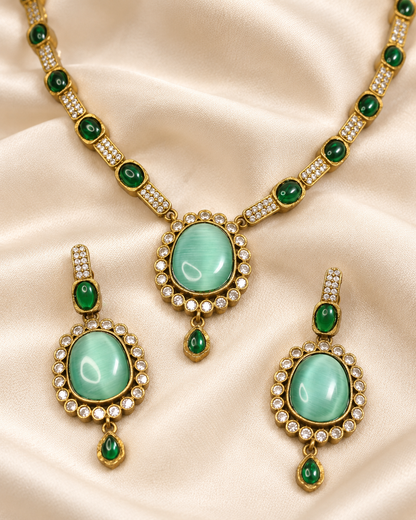 Oval Stone Drop Necklace Set - Mint — AI-styled ornament detail view