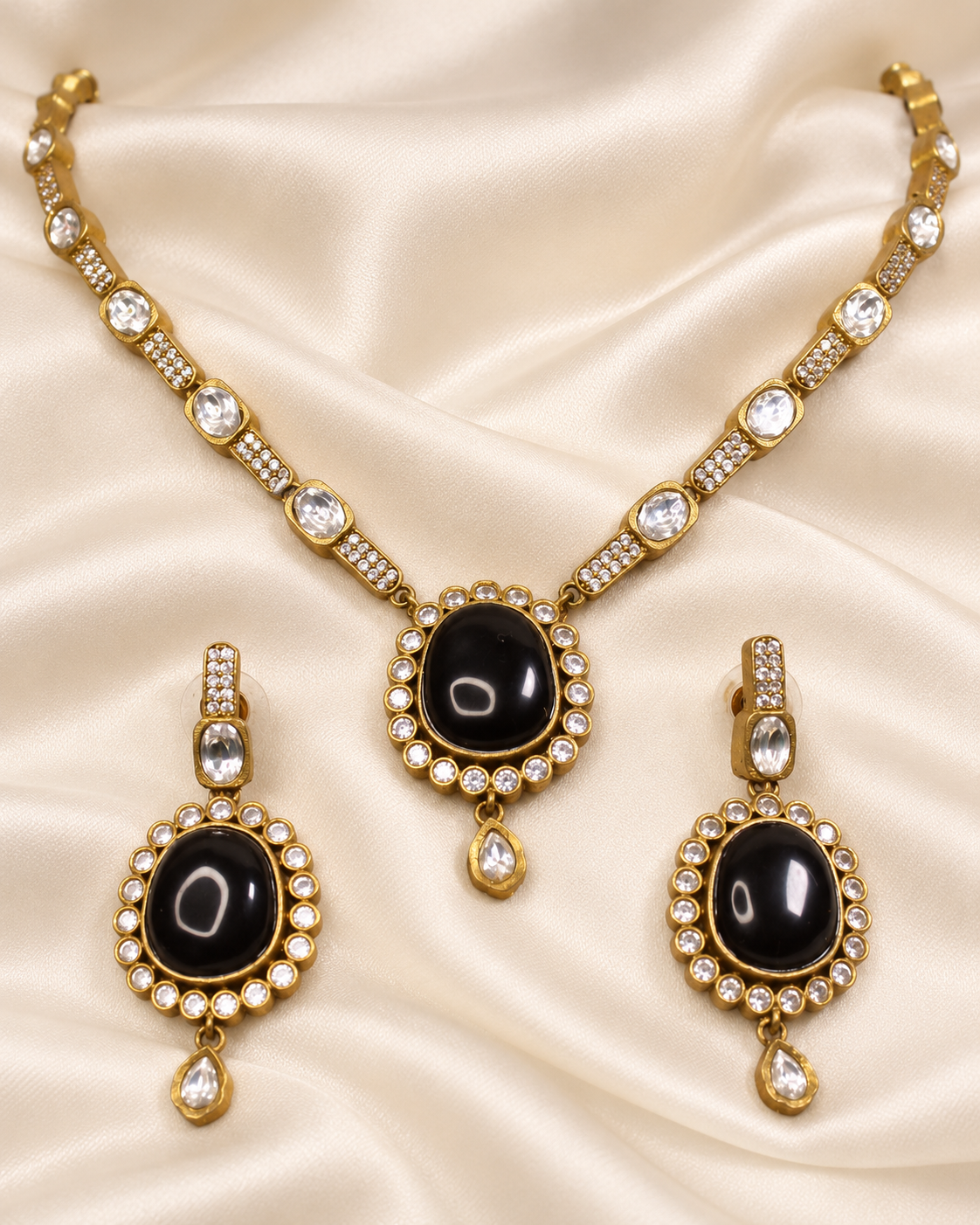 Oval Stone Drop Necklace Set - Black and Clear — AI-styled closeup view