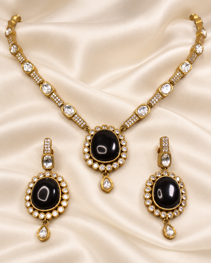 Oval Stone Drop Necklace Set - Black and Clear — AI-styled closeup view