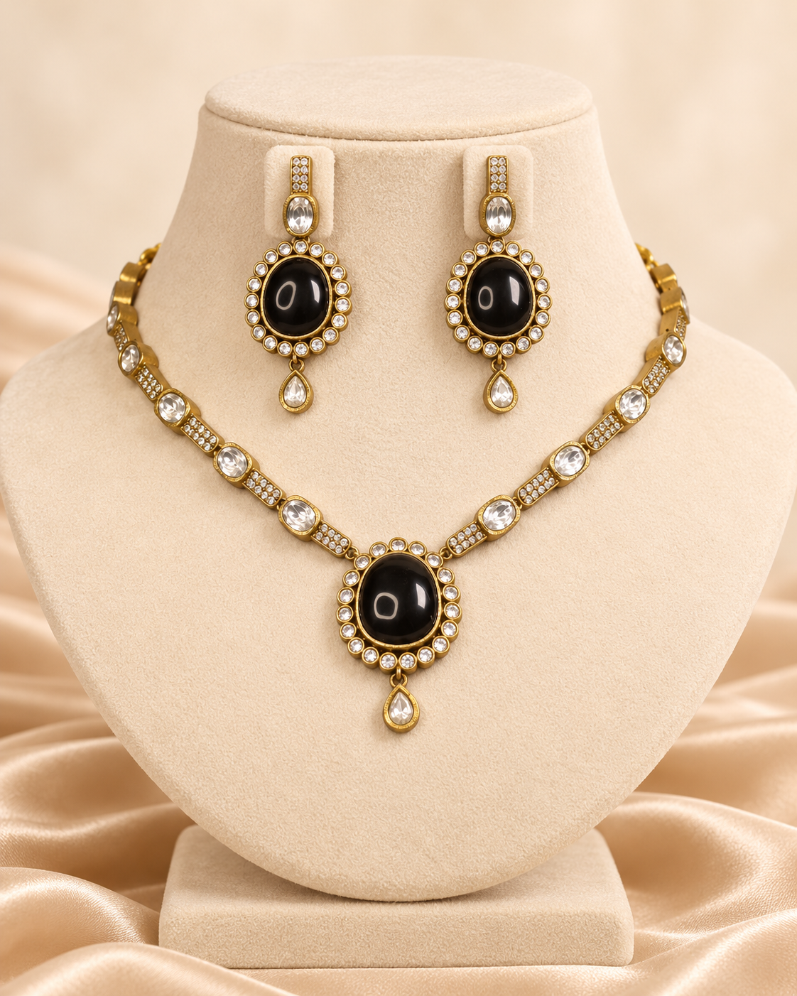 Oval Stone Drop Necklace Set - Black and Clear — AI-styled mannequin view