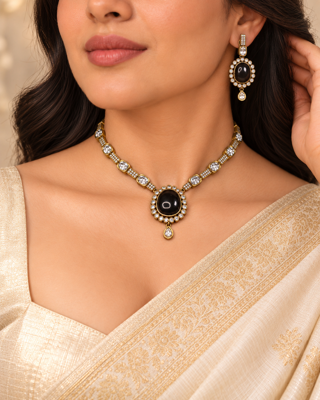 Oval Stone Drop Necklace Set - Black and Clear — AI-styled model view