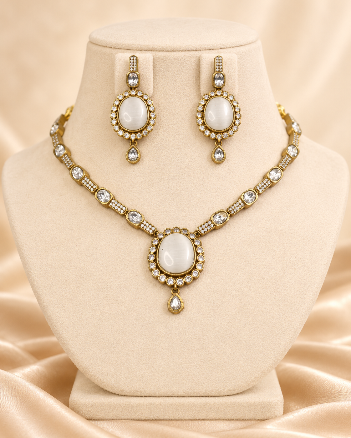 Oval Stone Drop Necklace Set - White and Clear — AI-styled mannequin view