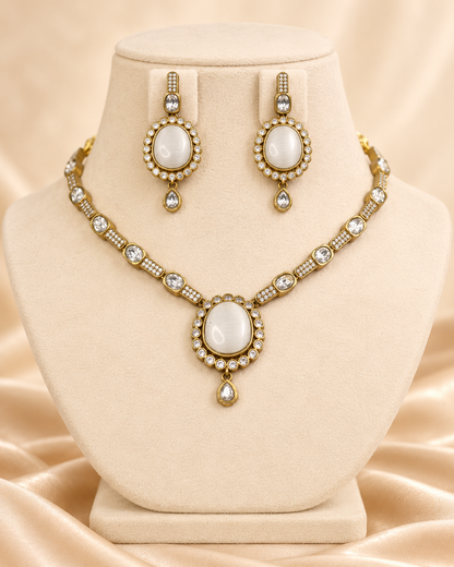 Oval Stone Drop Necklace Set - White and Clear — AI-styled mannequin view