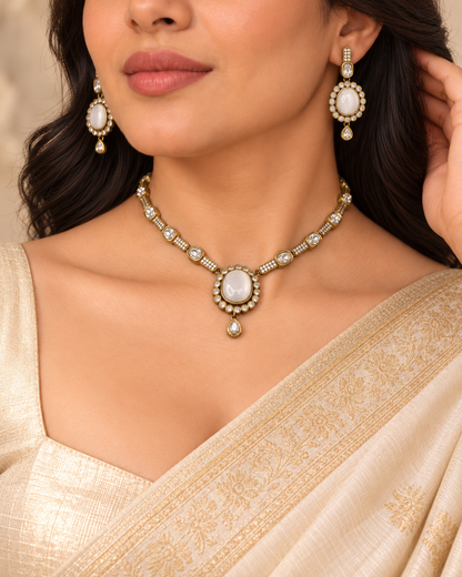 Oval Stone Drop Necklace Set - White and Clear — AI-styled model view