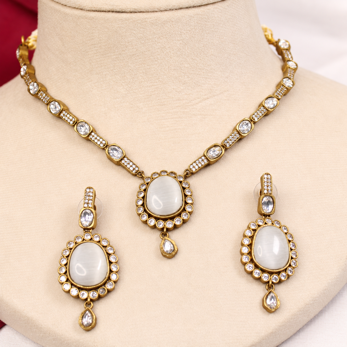 Oval Stone Drop Necklace Set - White and Clear — retouched original photograph IMG_8327
