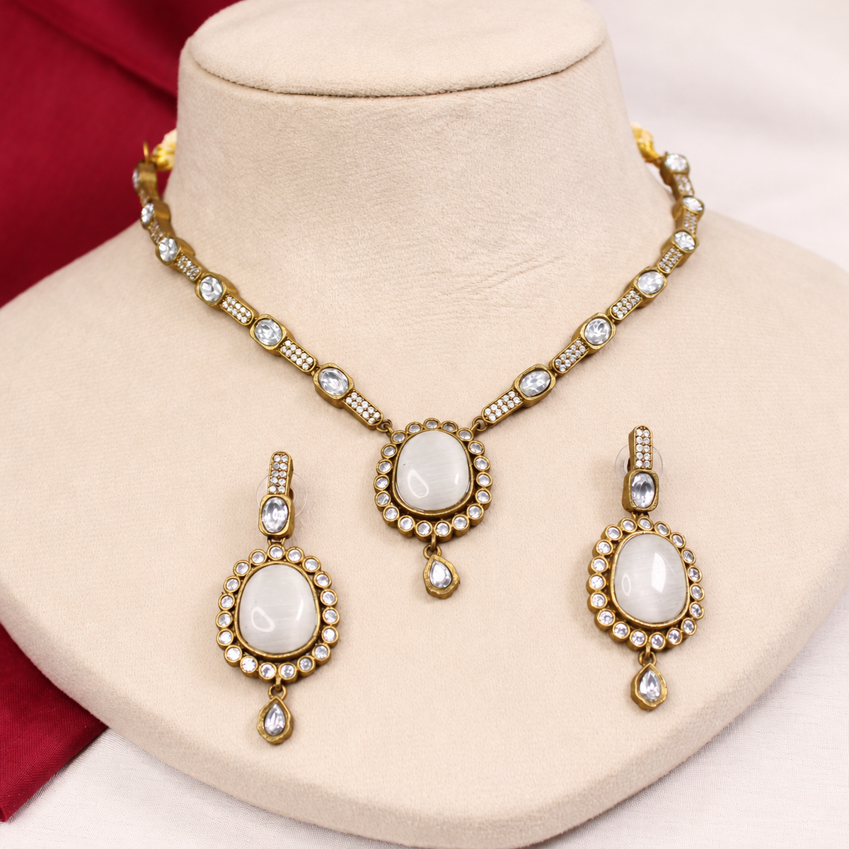 Oval Stone Drop Necklace Set - White and Clear — retouched original photograph IMG_8328