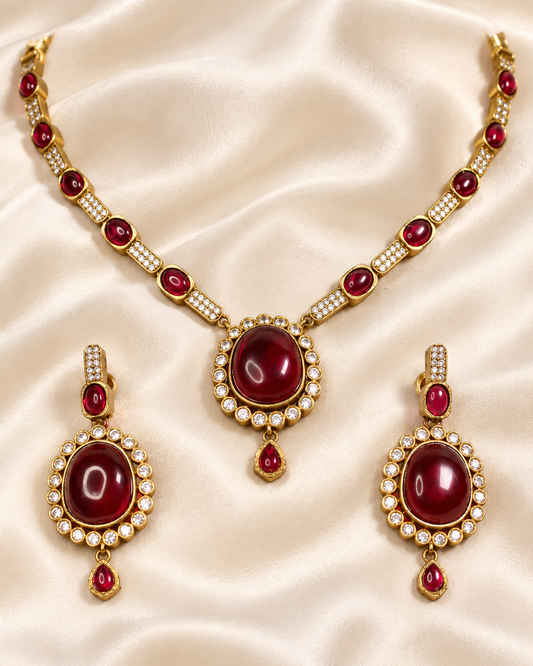 Oval Stone Drop Necklace Set - Ruby — AI-styled closeup view