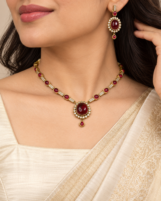 Oval Stone Drop Necklace Set - Ruby — AI-styled model view