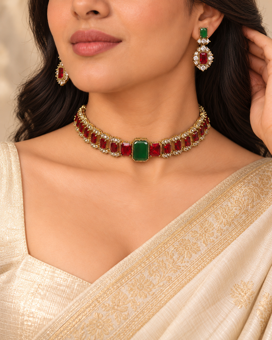 Rectangular Centre Stone Collar Necklace Set - Ruby and Green — AI-styled model view