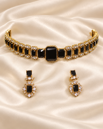 Rectangular Centre Stone Collar Necklace Set - Black — AI-styled closeup view