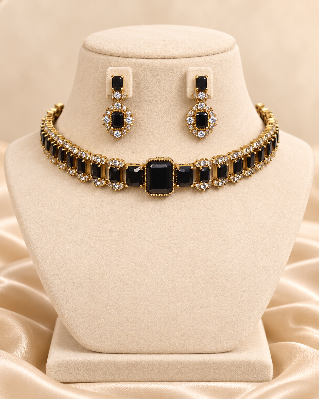 Rectangular Centre Stone Collar Necklace Set - Black — AI-styled mannequin view