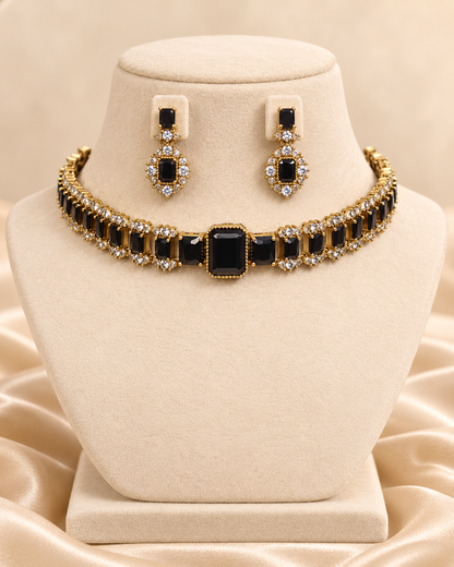 Rectangular Centre Stone Collar Necklace Set - Black — AI-styled mannequin view