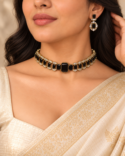 Rectangular Centre Stone Collar Necklace Set - Black — AI-styled model view