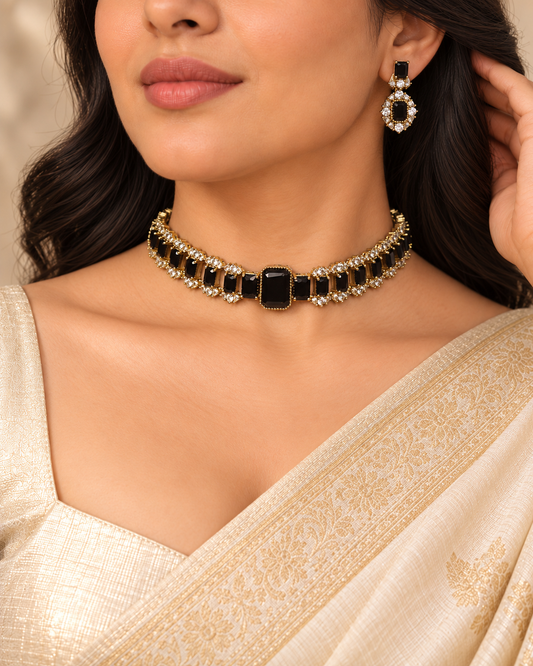 Rectangular Centre Stone Collar Necklace Set - Black — AI-styled model view