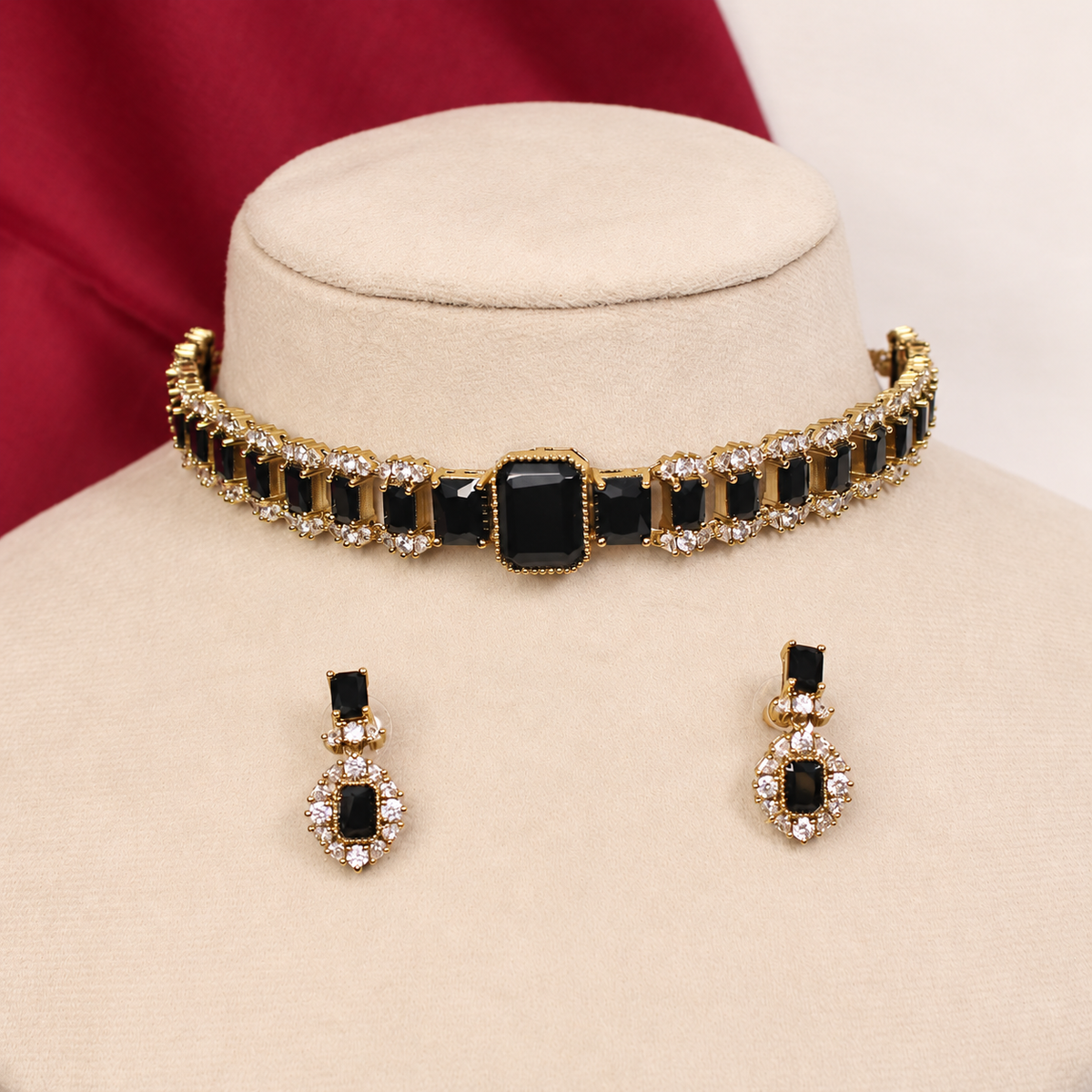 Rectangular Centre Stone Collar Necklace Set - Black — retouched original photograph IMG_8336