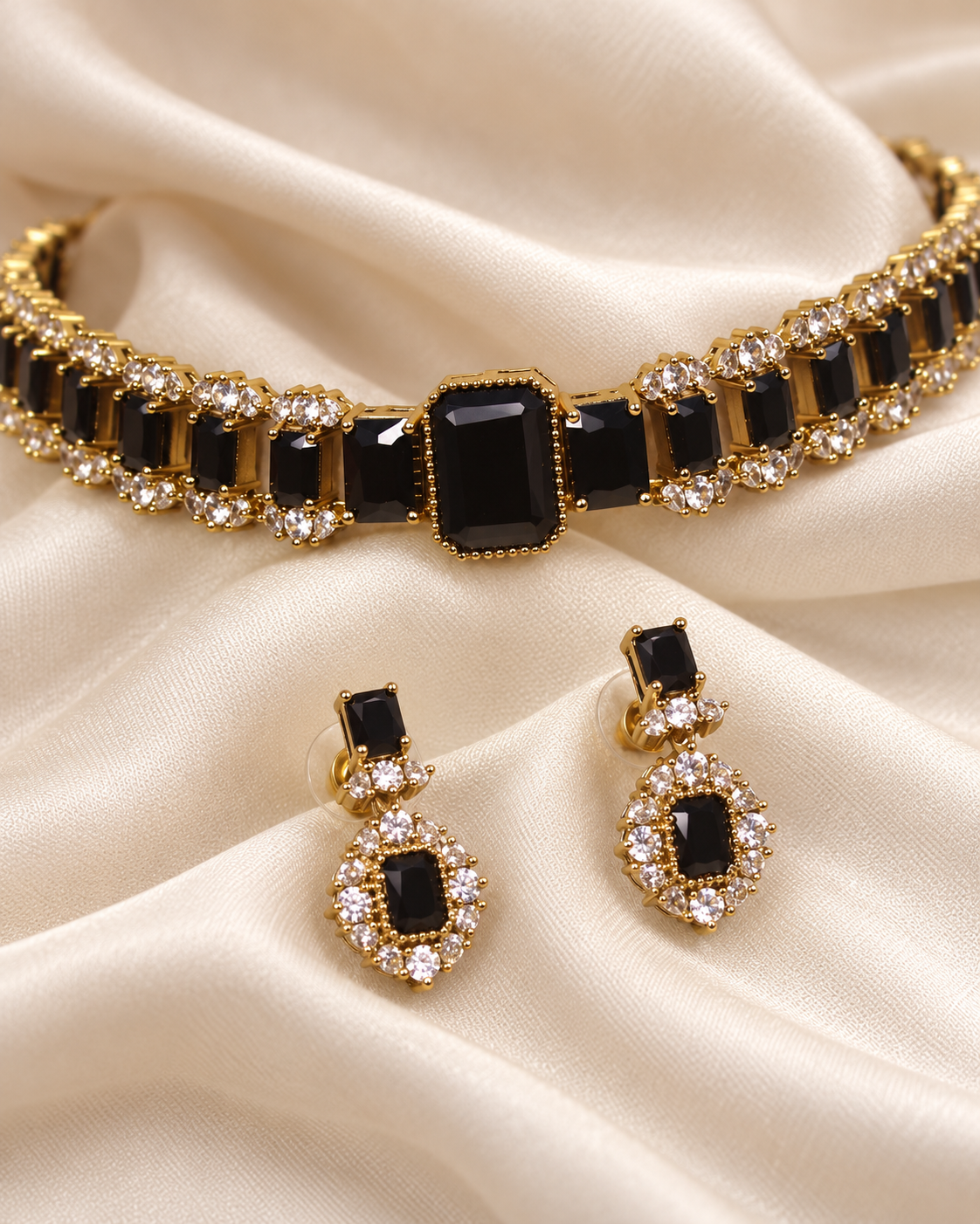 Rectangular Centre Stone Collar Necklace Set - Black — AI-styled ornament detail view