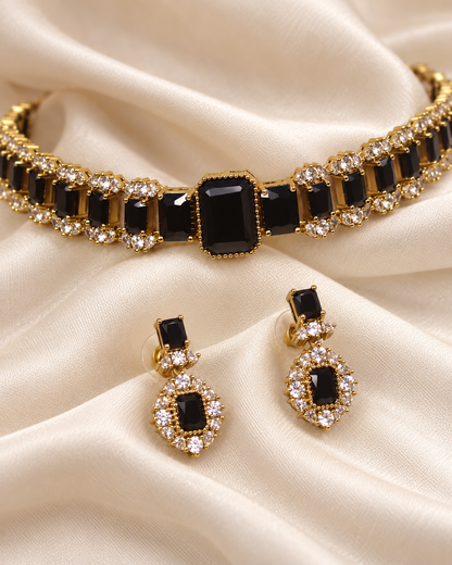 Rectangular Centre Stone Collar Necklace Set - Black — AI-styled ornament detail view