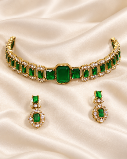Rectangular Centre Stone Collar Necklace Set - Green — AI-styled closeup view