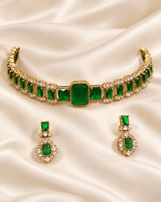Rectangular Centre Stone Collar Necklace Set - Green — AI-styled closeup view