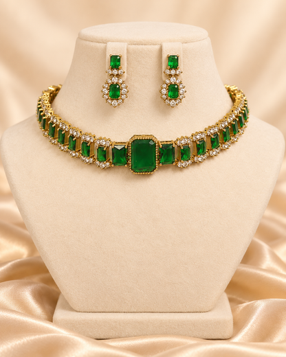 Rectangular Centre Stone Collar Necklace Set - Green — AI-styled mannequin view