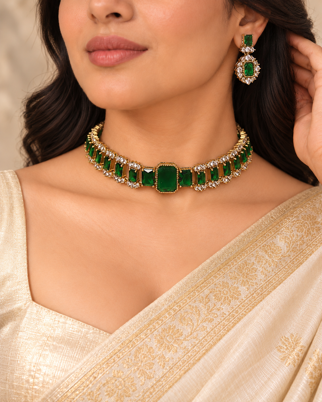 Rectangular Centre Stone Collar Necklace Set - Green — AI-styled model view