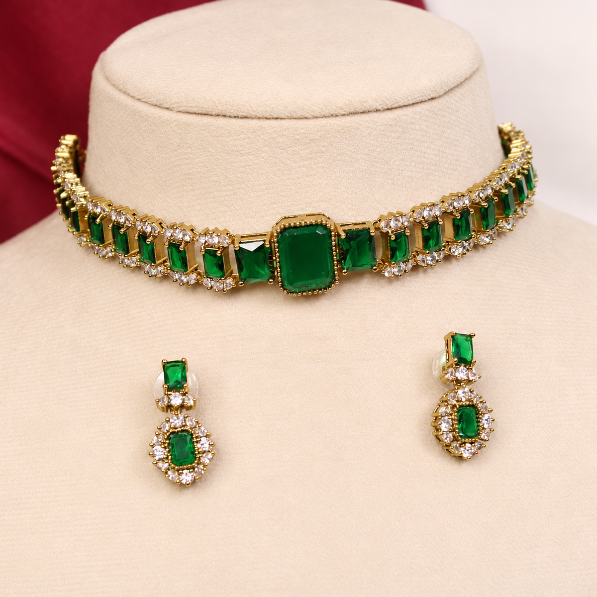 Rectangular Centre Stone Collar Necklace Set - Green — retouched original photograph IMG_8337