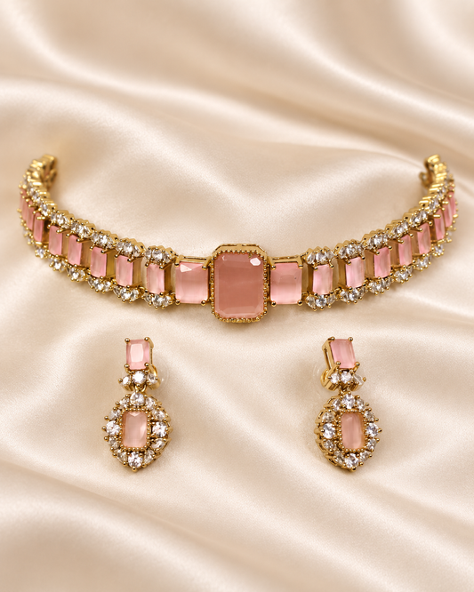 Rectangular Centre Stone Collar Necklace Set - Pink — AI-styled closeup view