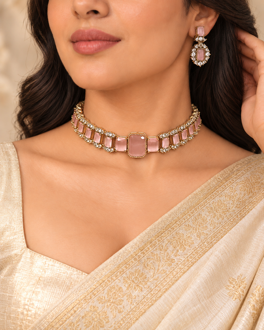 Rectangular Centre Stone Collar Necklace Set - Pink — AI-styled model view