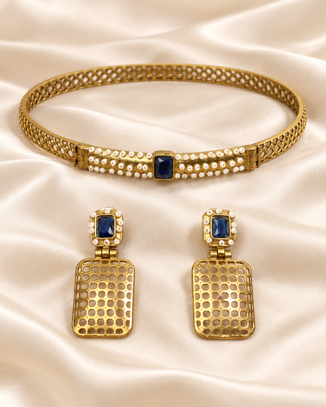 Mesh Panel Choker and Rectangular Earring Set - Blue — AI-styled closeup view