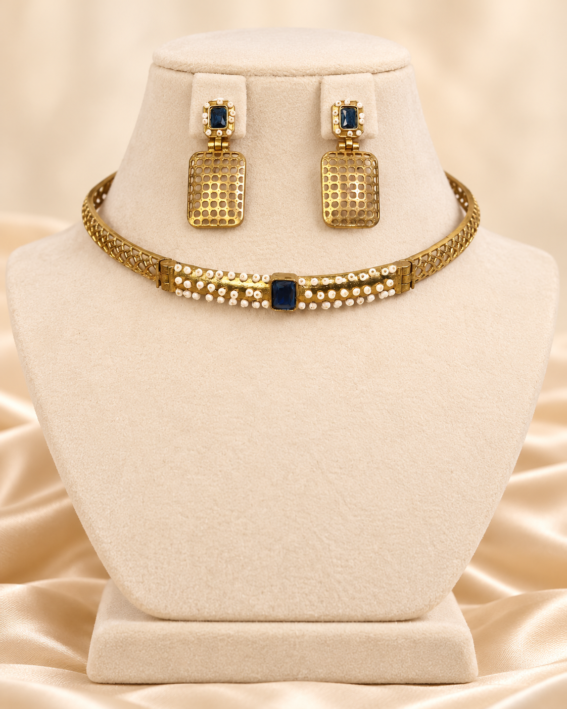 Mesh Panel Choker and Rectangular Earring Set - Blue — AI-styled mannequin view