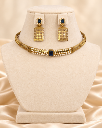 Mesh Panel Choker and Rectangular Earring Set - Blue — AI-styled mannequin view