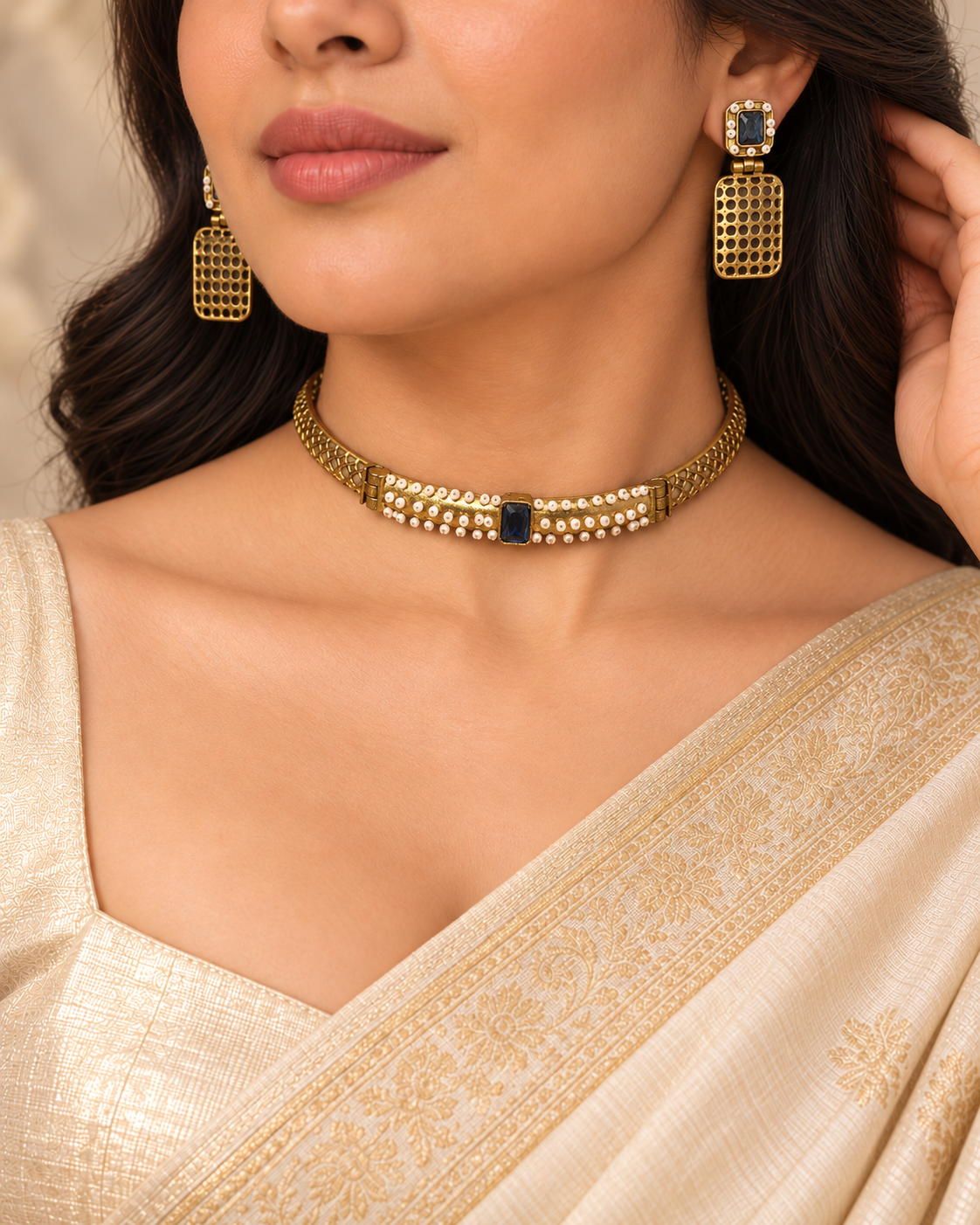 Mesh Panel Choker and Rectangular Earring Set - Blue — AI-styled model view