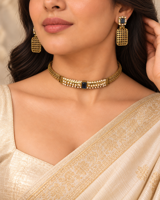 Mesh Panel Choker and Rectangular Earring Set - Blue — AI-styled model view