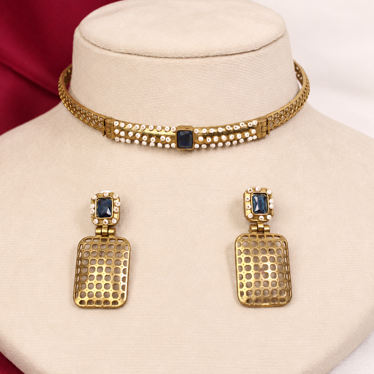 Mesh Panel Choker and Rectangular Earring Set - Blue — retouched original photograph IMG_8341