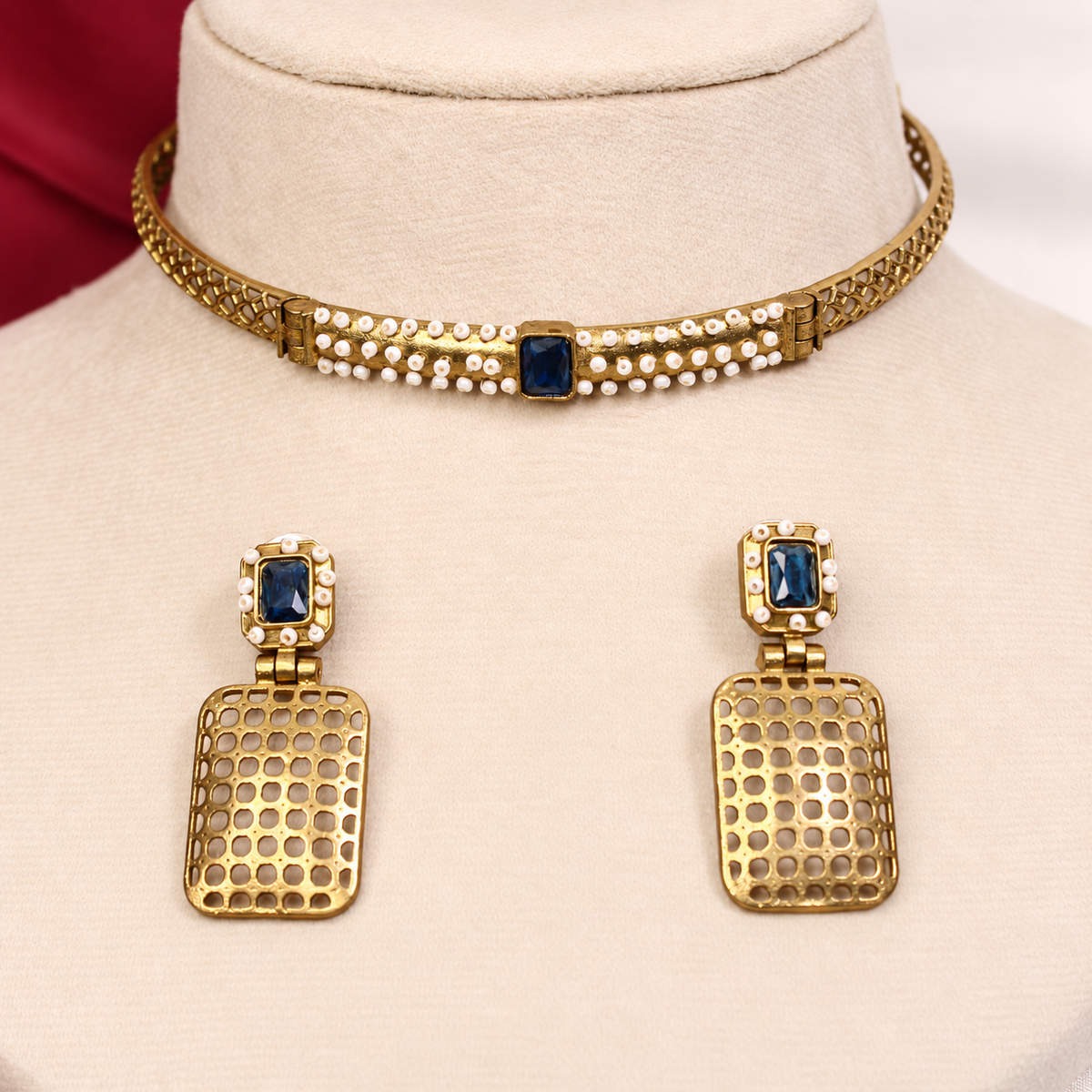 Mesh Panel Choker and Rectangular Earring Set - Blue — retouched original photograph IMG_8342