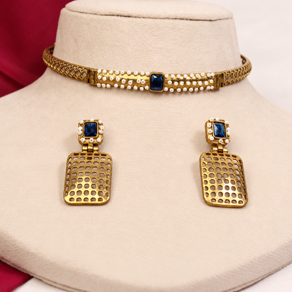 Mesh Panel Choker and Rectangular Earring Set - Blue — retouched original photograph IMG_8343