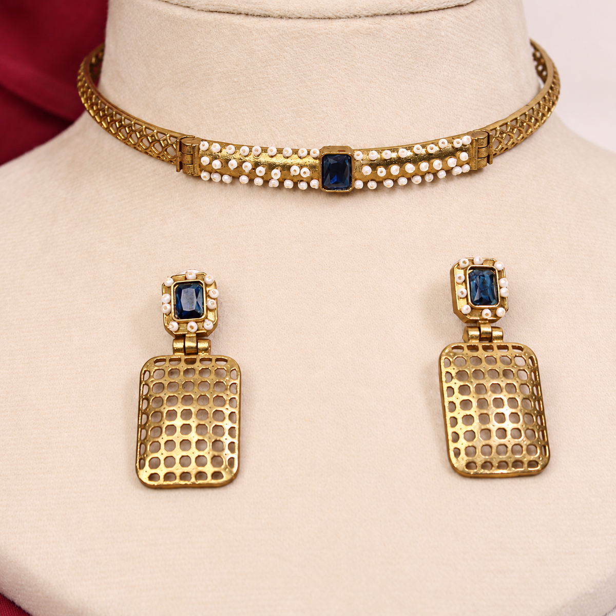 Mesh Panel Choker and Rectangular Earring Set - Blue — retouched original photograph IMG_8344