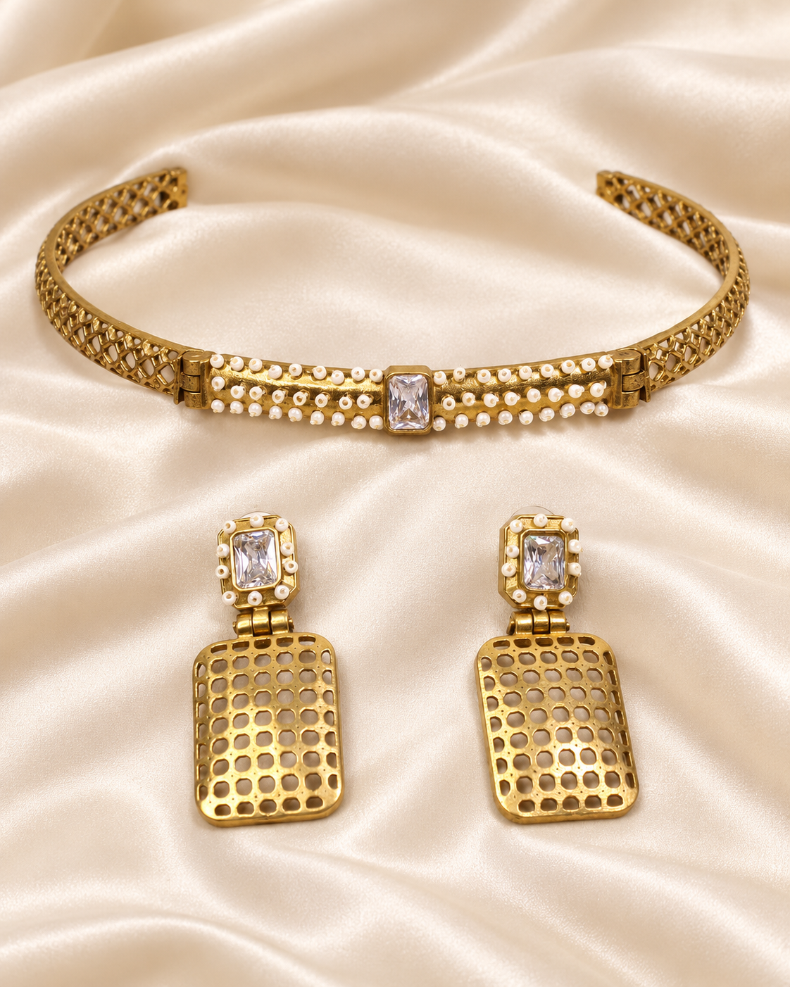 Mesh Panel Choker and Rectangular Earring Set - Clear — AI-styled closeup view