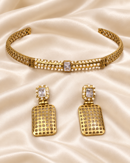 Mesh Panel Choker and Rectangular Earring Set - Clear — AI-styled closeup view