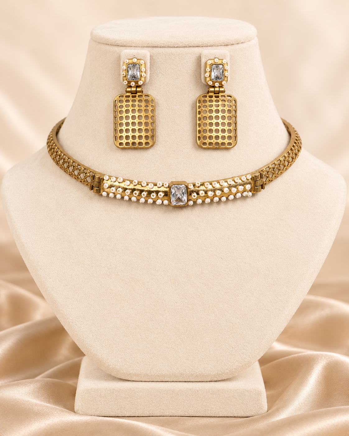 Mesh Panel Choker and Rectangular Earring Set - Clear — AI-styled mannequin view