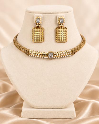 Mesh Panel Choker and Rectangular Earring Set - Clear — AI-styled mannequin view