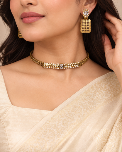 Mesh Panel Choker and Rectangular Earring Set - Clear — AI-styled model view